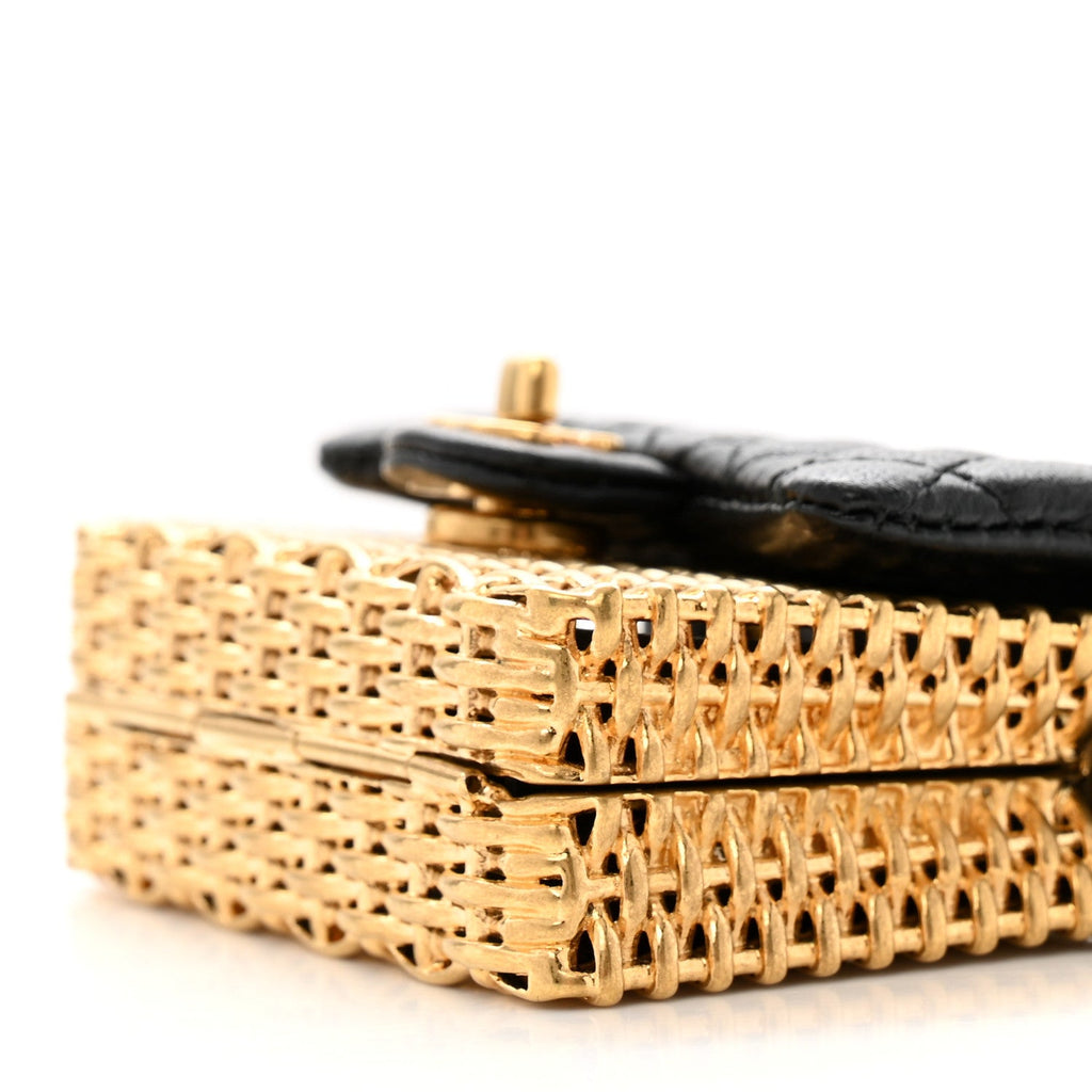 Woven Metal Lambskin Quilted Micro Flap Black Gold