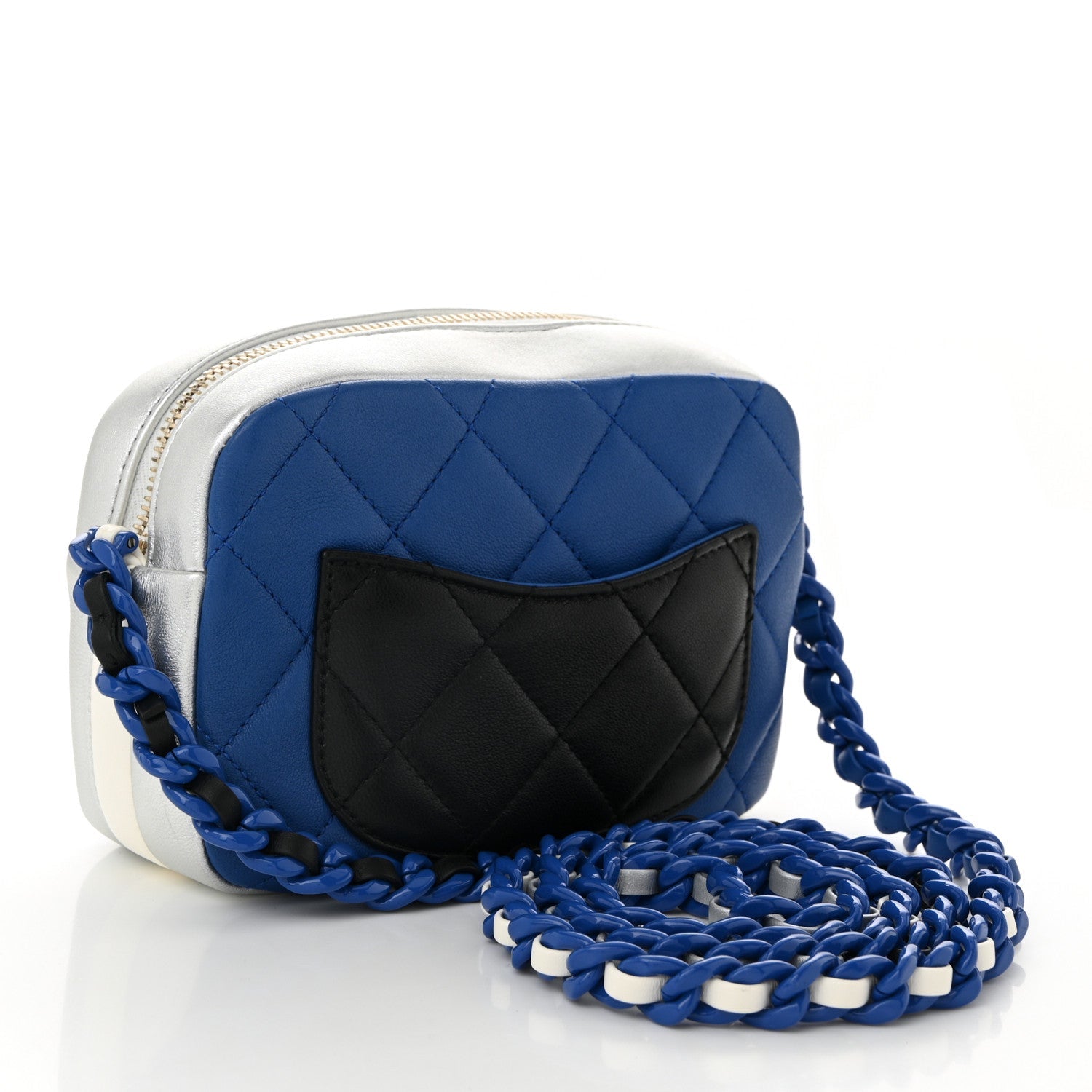 Shiny Lambskin Monochrome Chain Mini Camera Case Bag Blue Black Silver