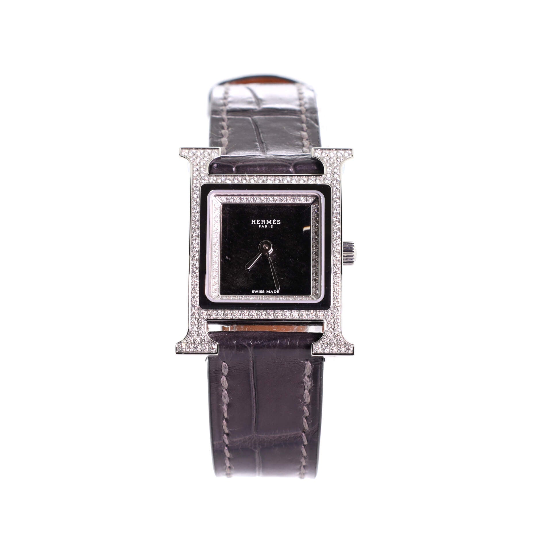 Heure H Quartz Watch Stainless Steel and Alligator with Diamond Bezel and Diamond Obsidian Dial 21