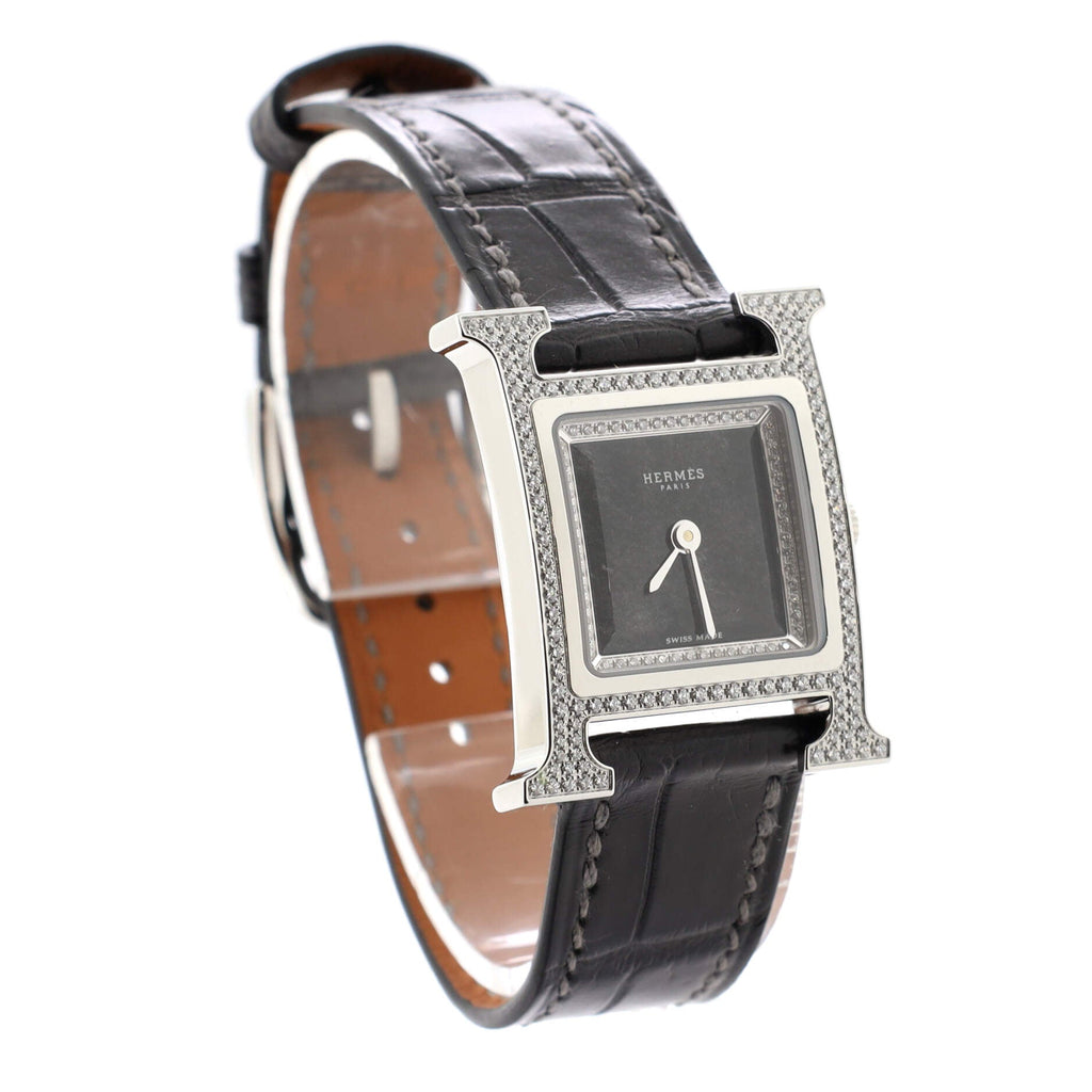 Heure H Quartz Watch Stainless Steel and Alligator with Diamond Bezel and Diamond Obsidian Dial 21