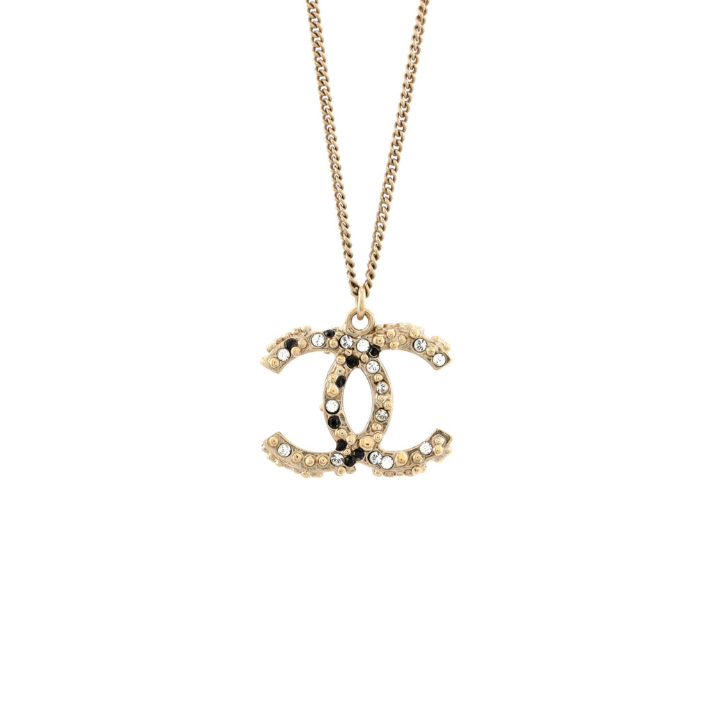 CC Long Pendant Necklace Crystal Embellished Metal and Enamel