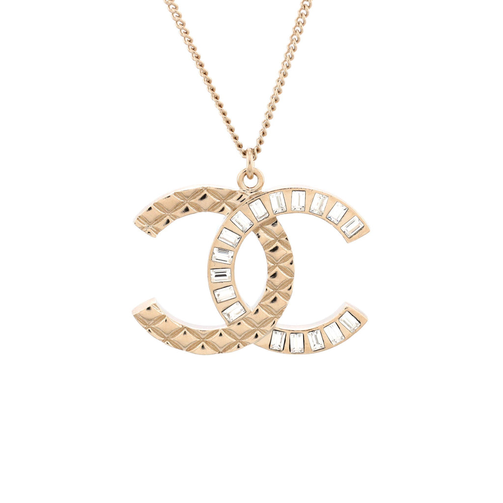 CC Quilted Baguette Pendant Necklace Metal with Crystals