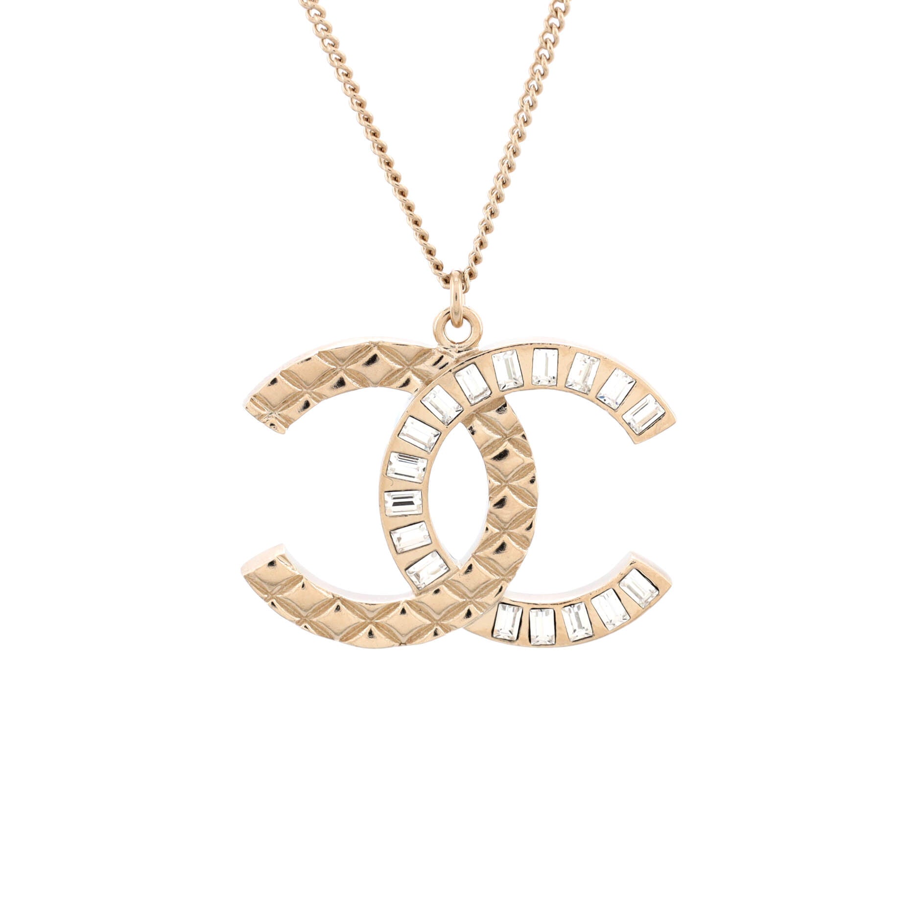 CC Quilted Baguette Pendant Necklace Metal with Crystals