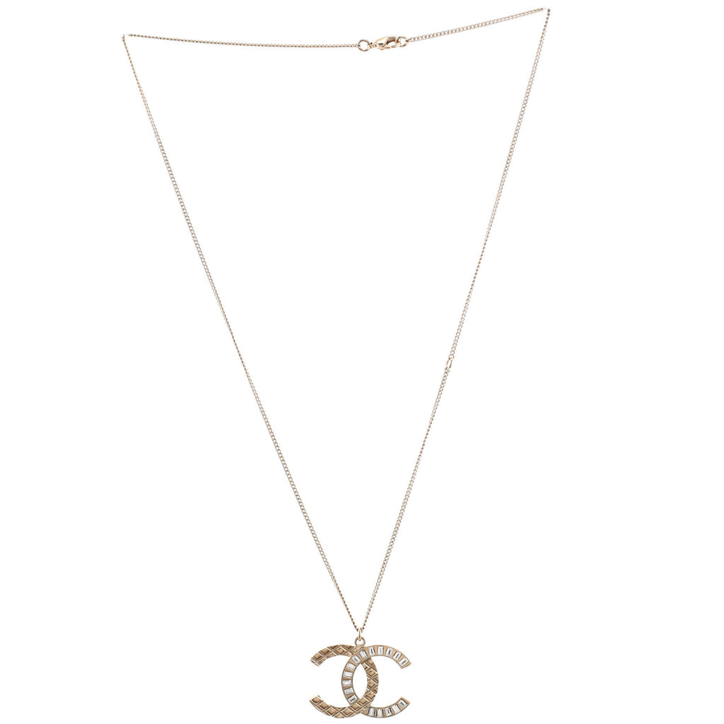 CC Quilted Baguette Pendant Necklace Metal with Crystals