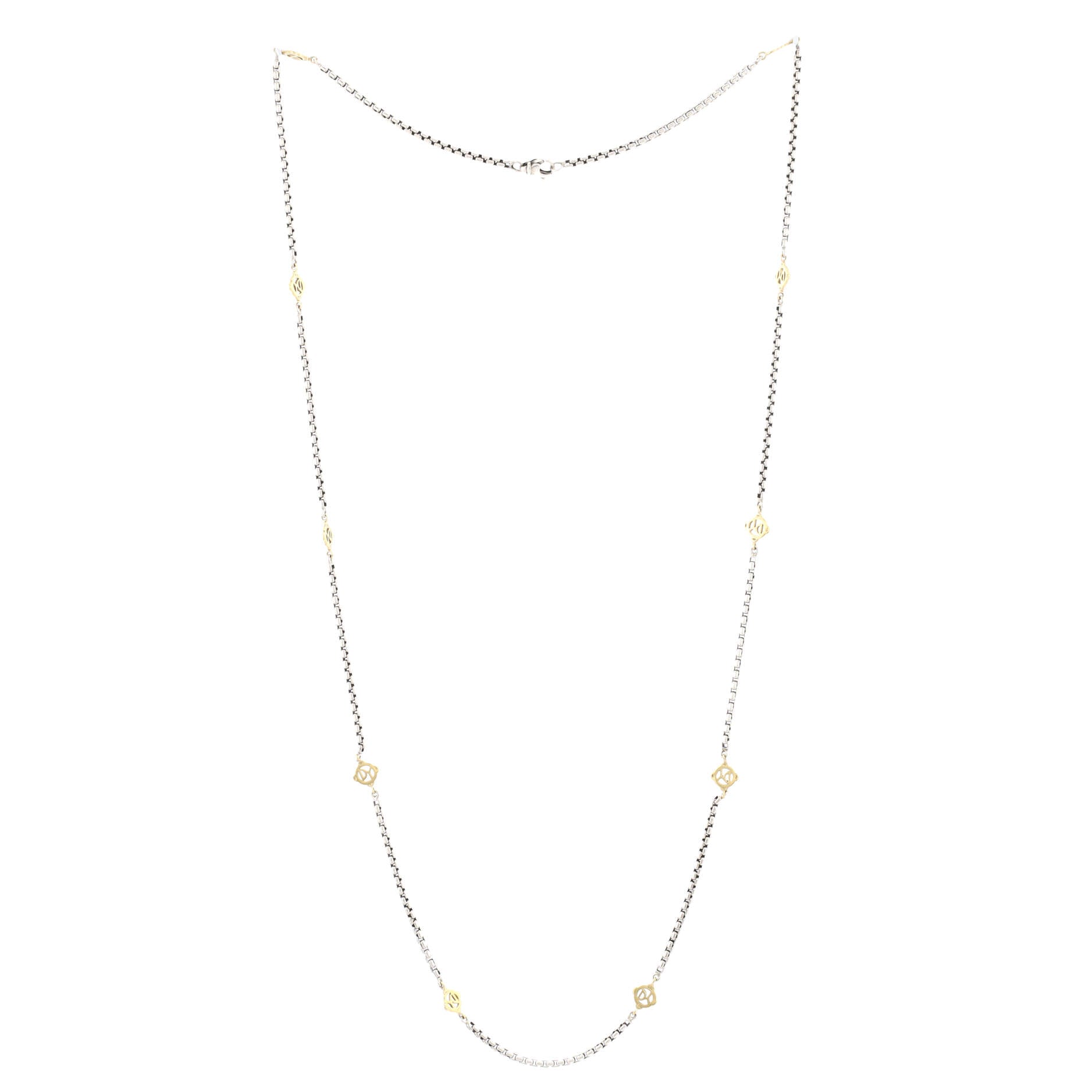 Logo Station Box Chain Necklace Sterling Silver with 14K Yellow Gold