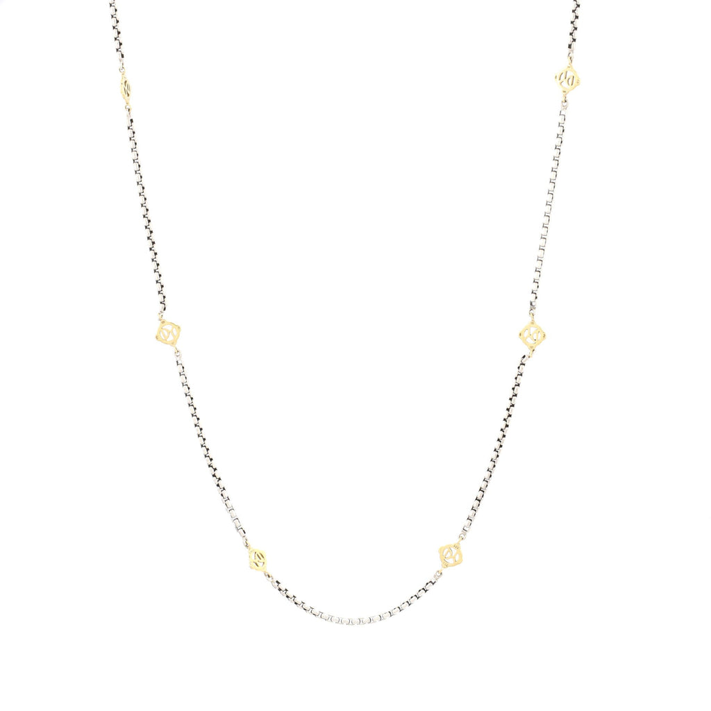 Logo Station Box Chain Necklace Sterling Silver with 14K Yellow Gold