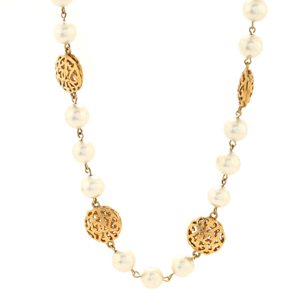 Vintage Long Necklace Metal with Faux Pearls