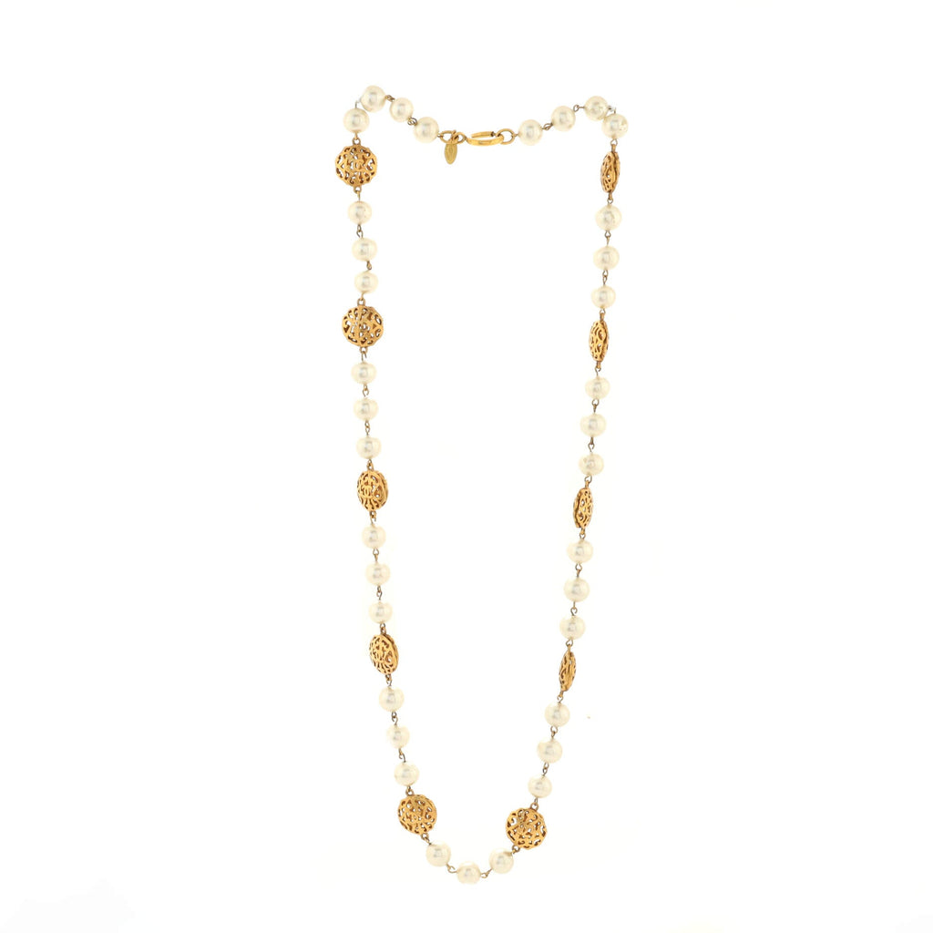 Vintage Long Necklace Metal with Faux Pearls