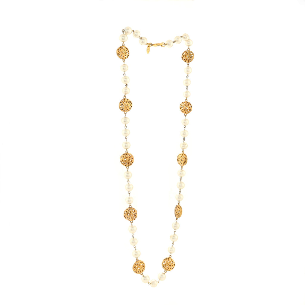 Vintage Long Necklace Metal with Faux Pearls