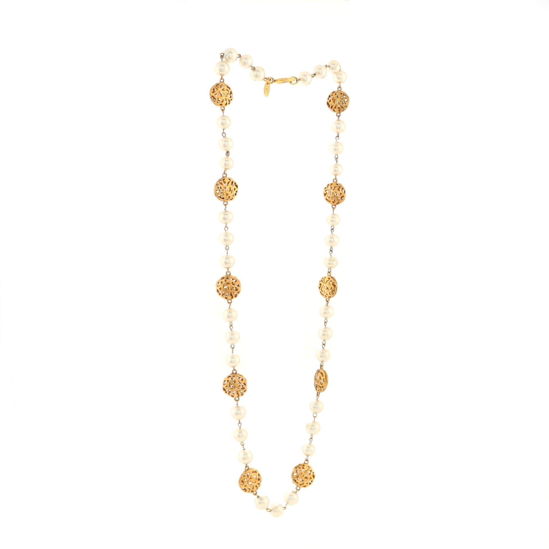 Vintage Long Necklace Metal with Faux Pearls