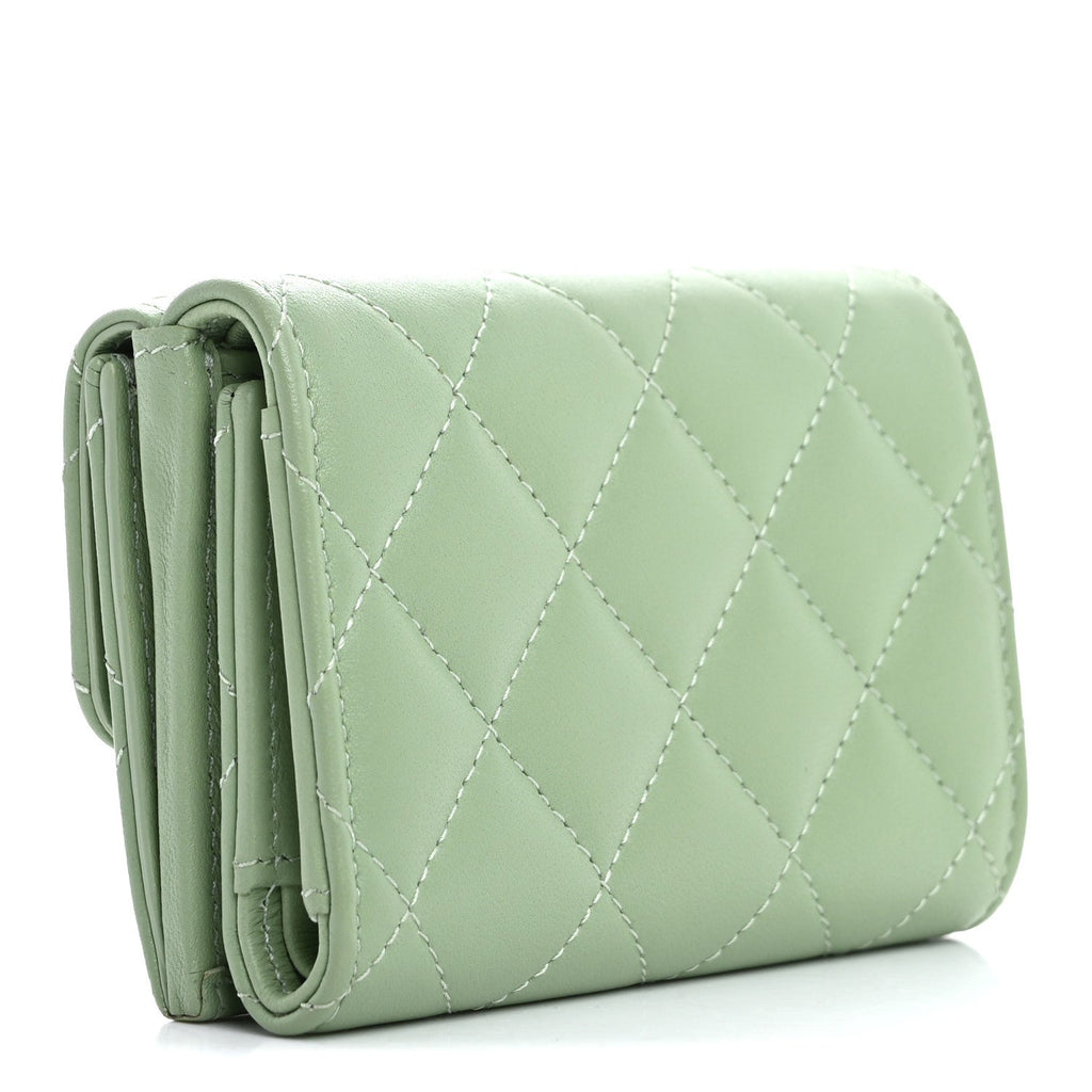 Lambskin  Quilted Crystal Star Double Flap Wallet  Green