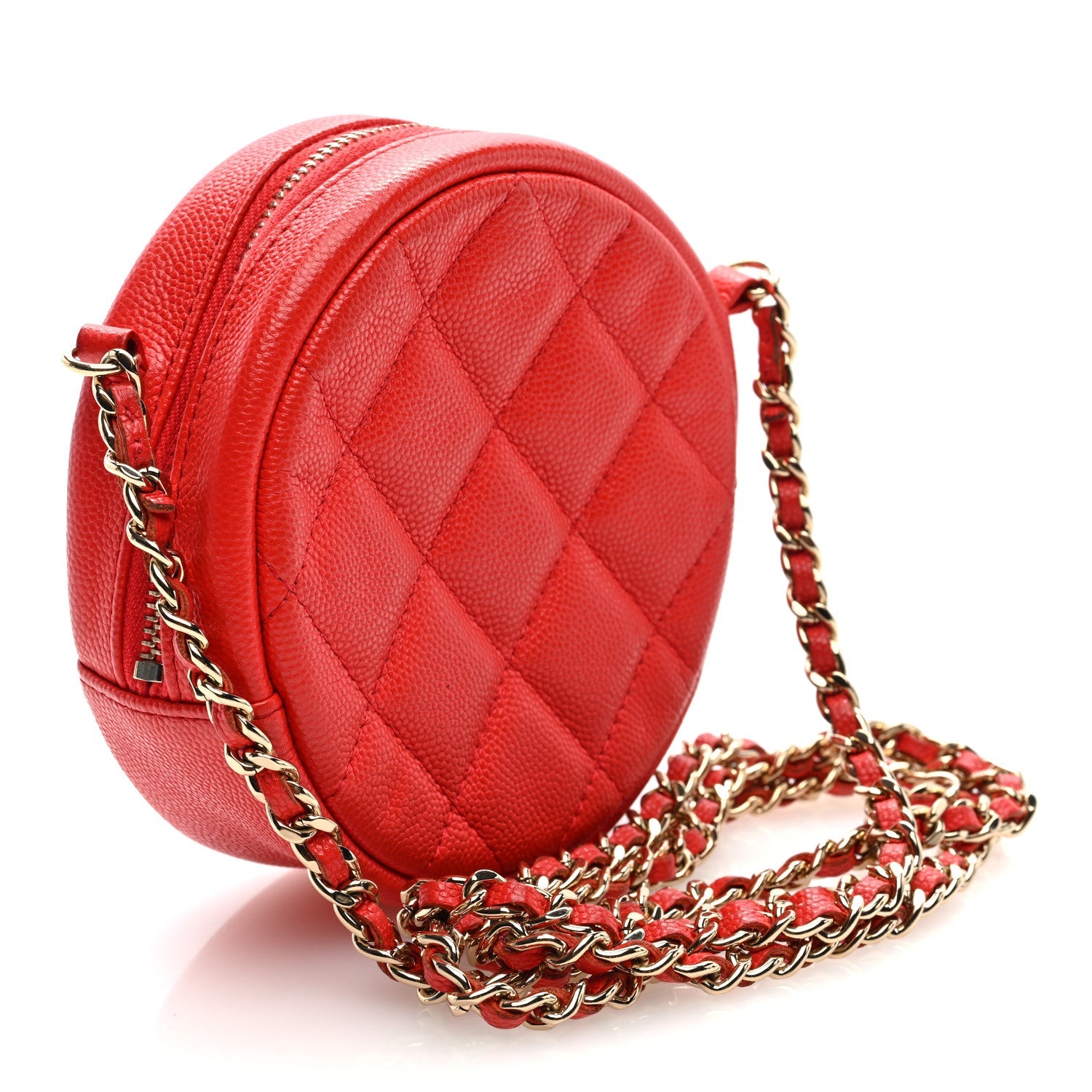 Caviar Quilted Round Clutch With Chain Red