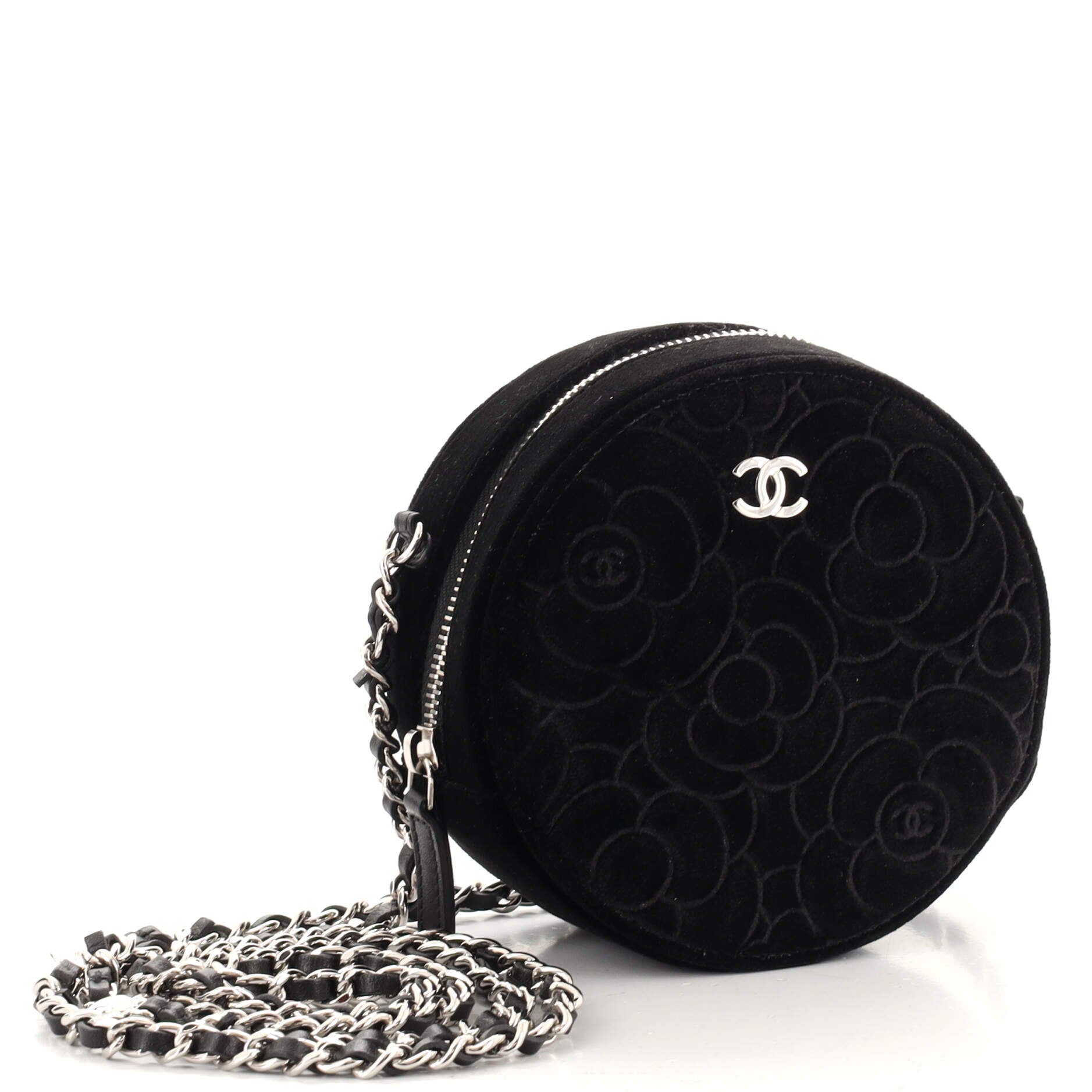 Round Clutch with Chain Camellia Velvet