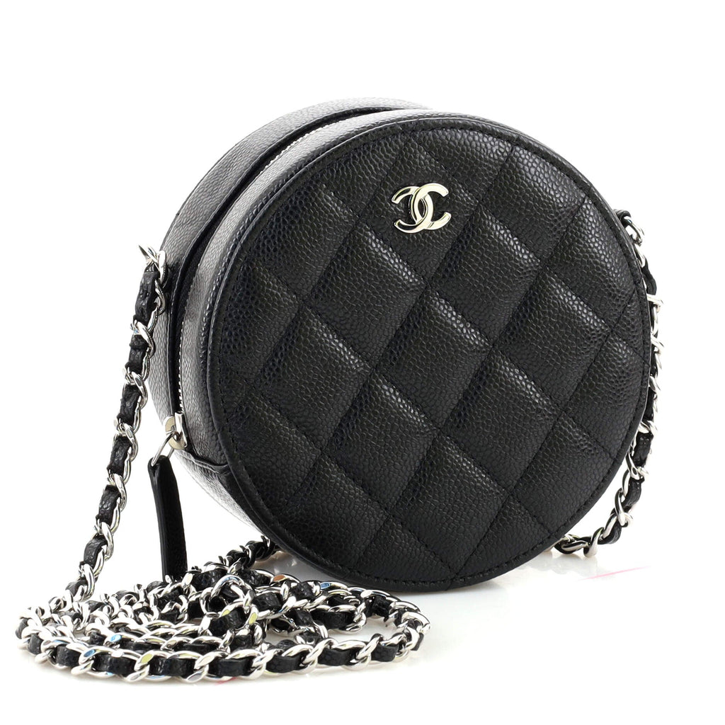 Round Clutch with Chain Quilted Caviar Mini