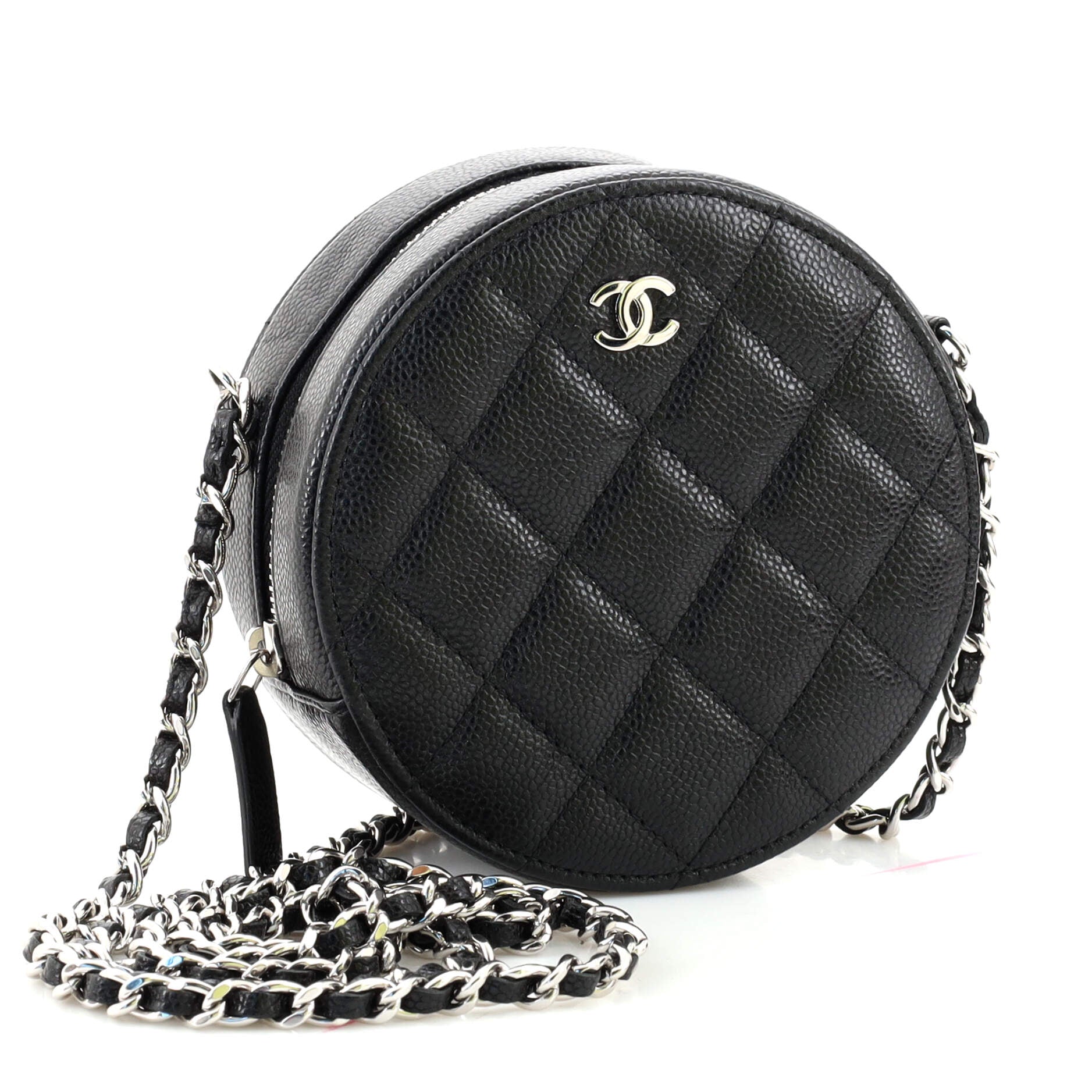 Round Clutch with Chain Quilted Caviar Mini