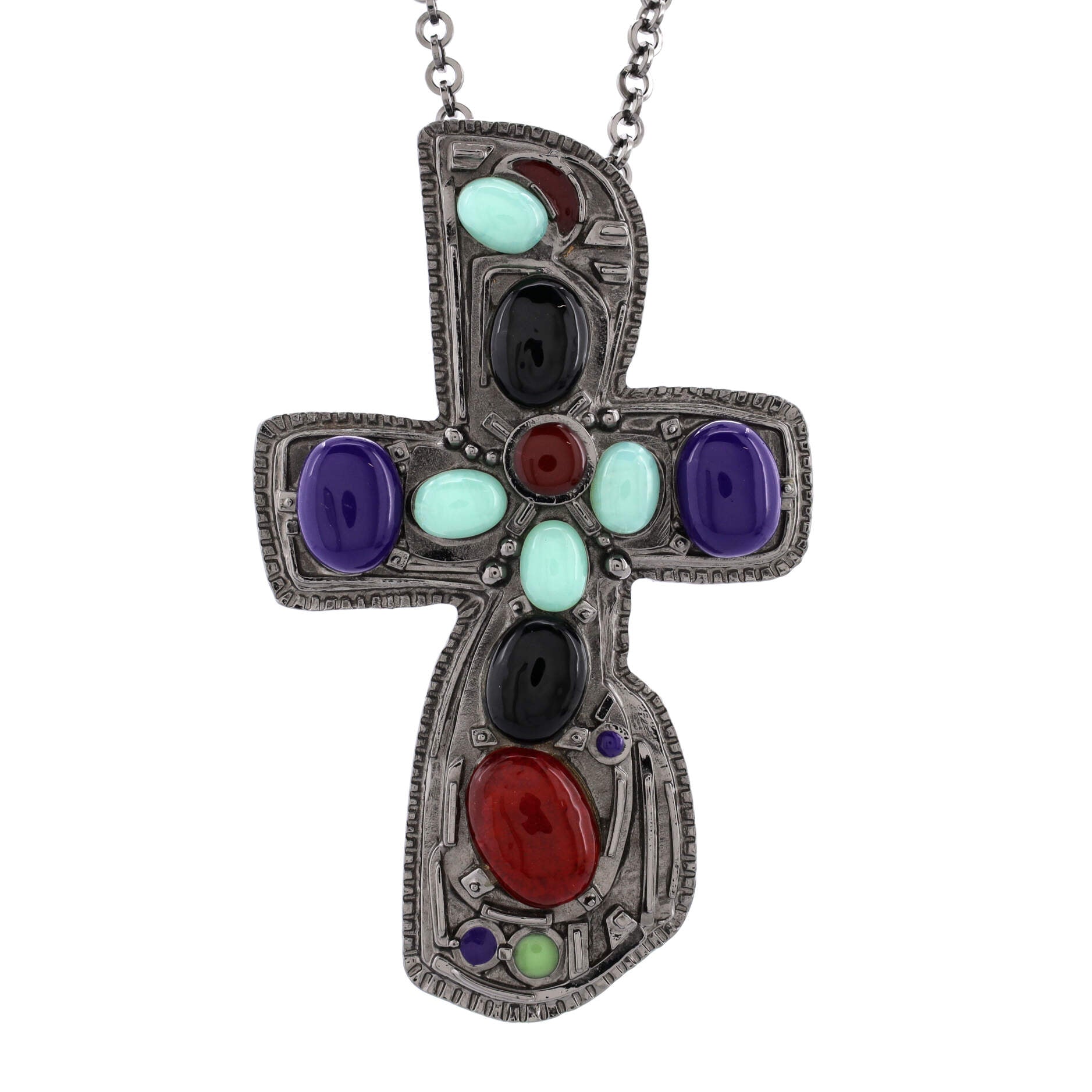 Oversized Cross Chain Necklace Metal with Gripoix