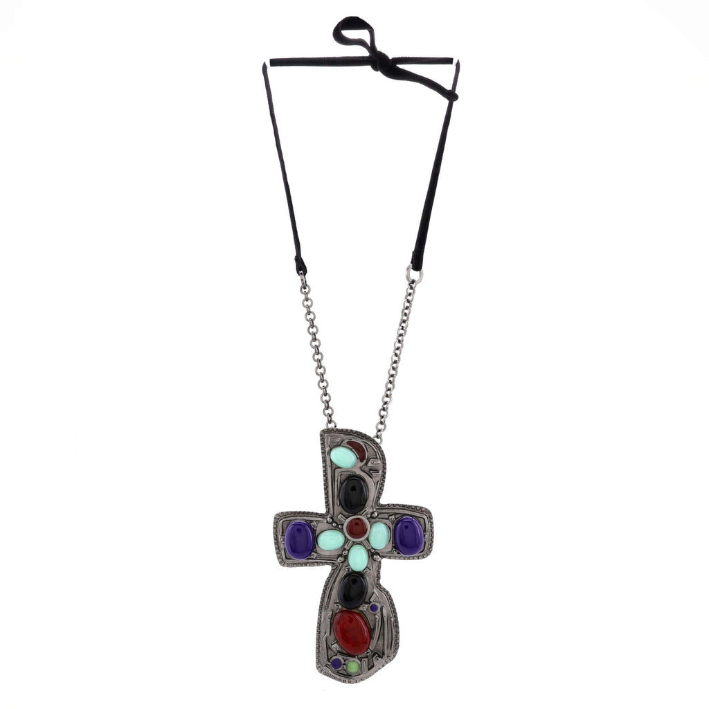 Oversized Cross Chain Necklace Metal with Gripoix