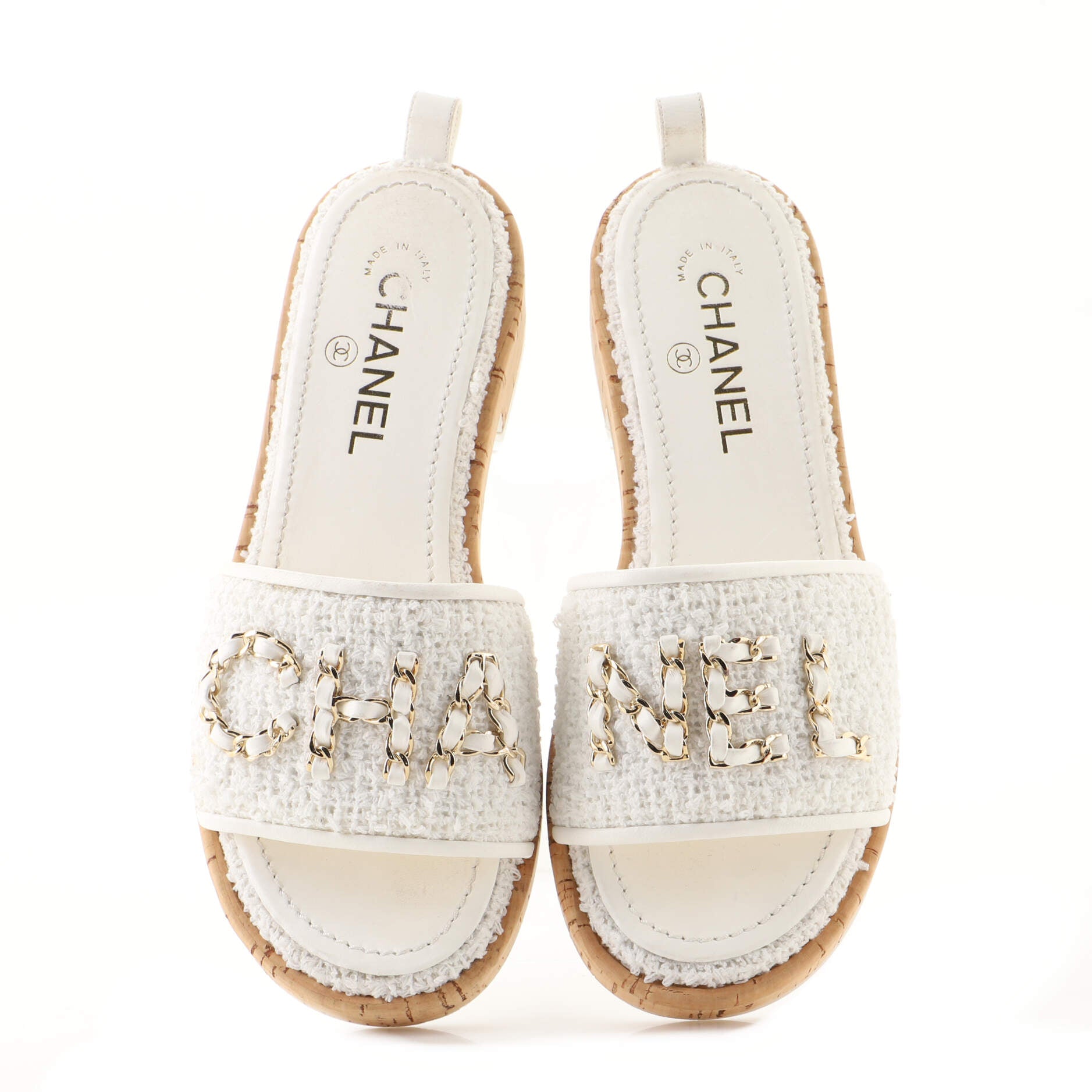 Women's Chain CHA-NEL Mule Sandals Tweed and Cork