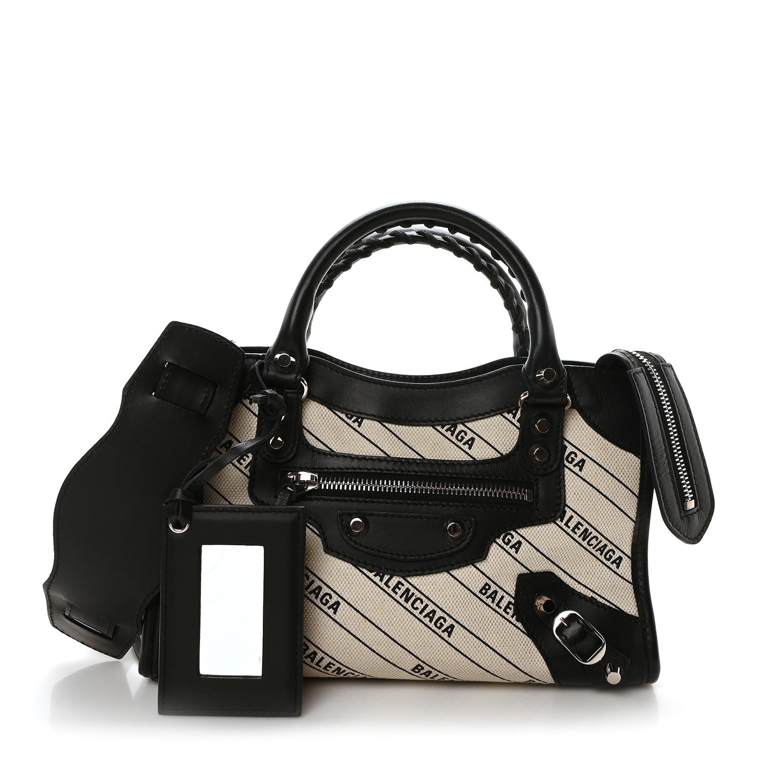 Canvas Satin Calfskin Diagonal Allover Logo Print Classic Silver Hardware Mini City Natural Black