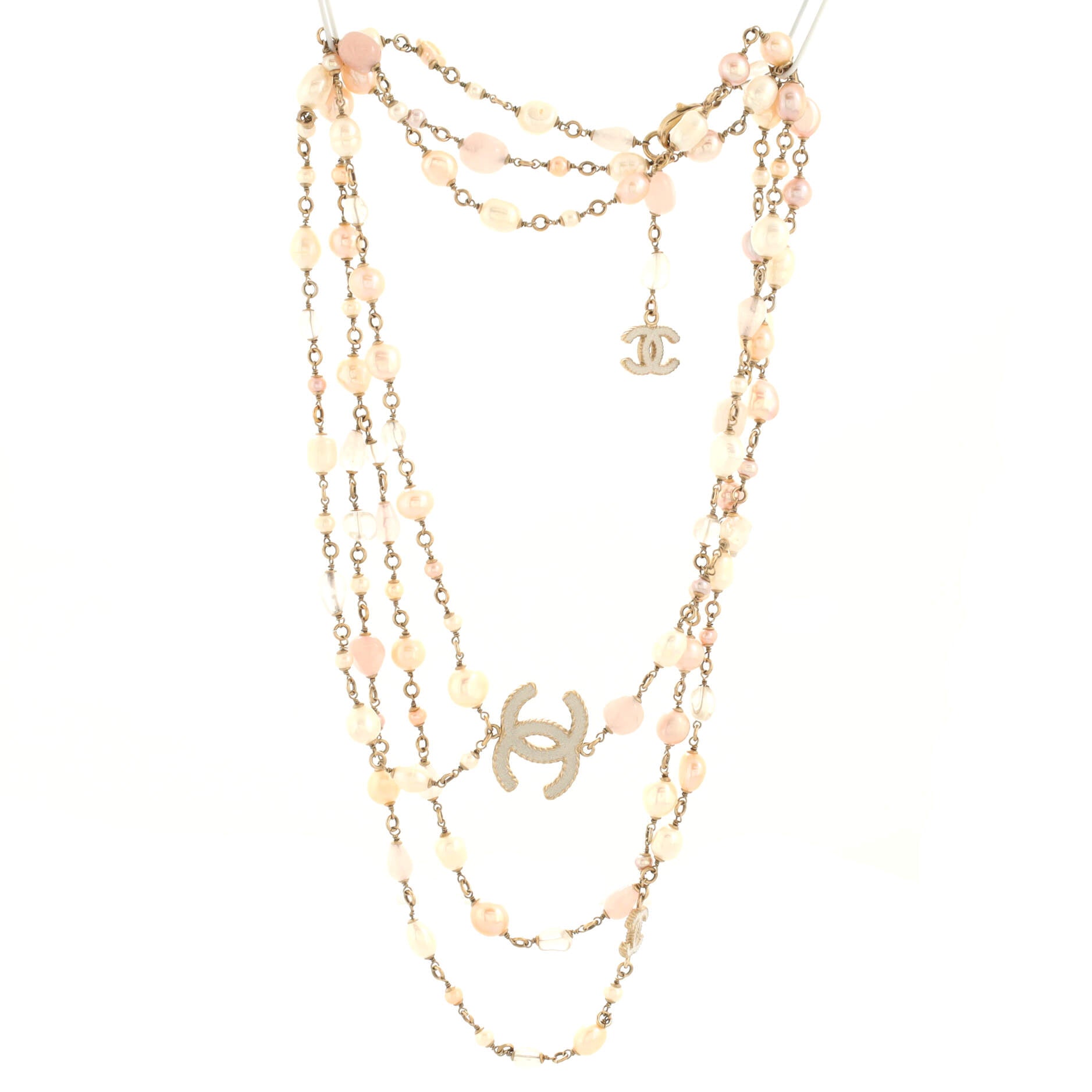 CC Long Double Strand Necklace Metal with Faux Pearls and Beads