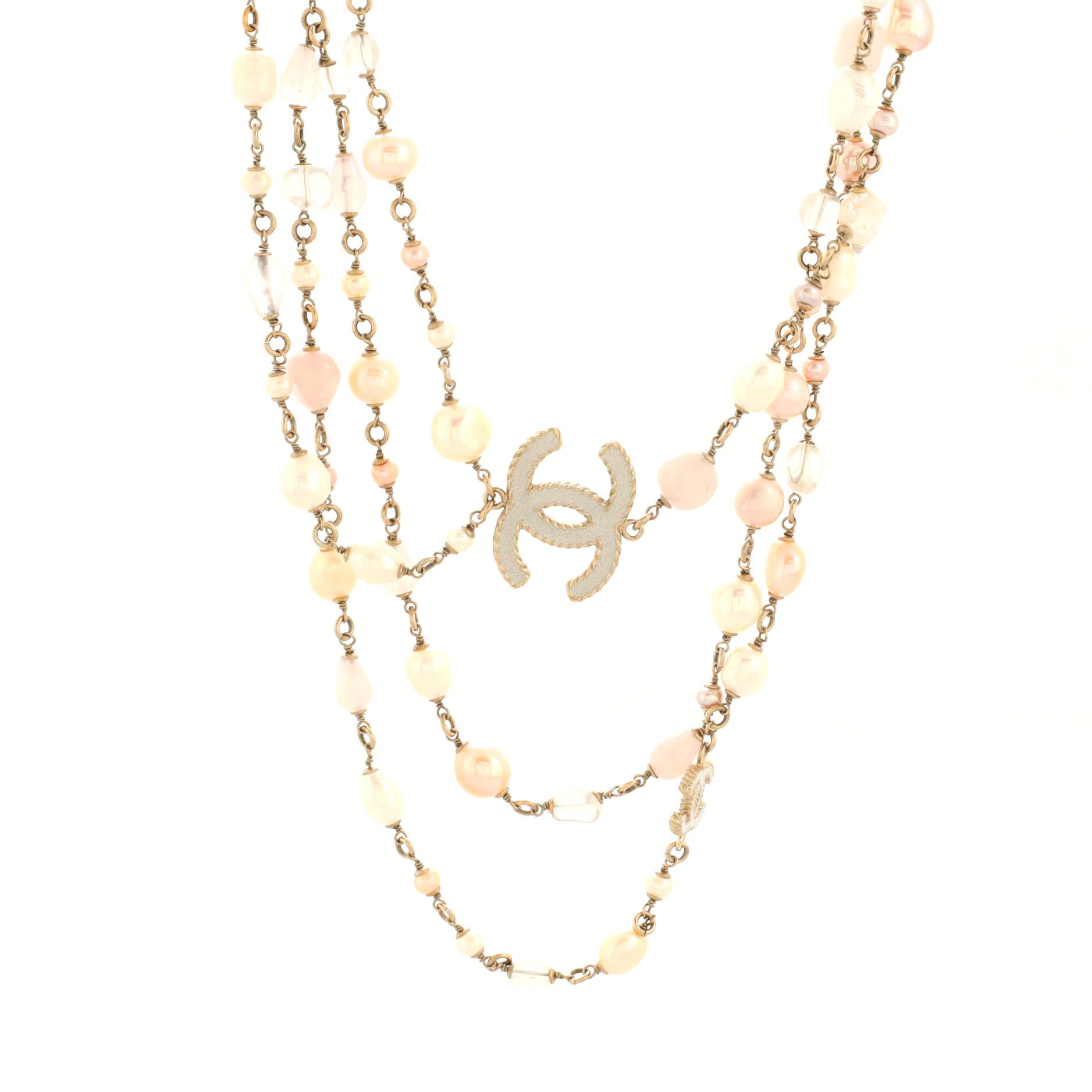 CC Long Double Strand Necklace Metal with Faux Pearls and Beads