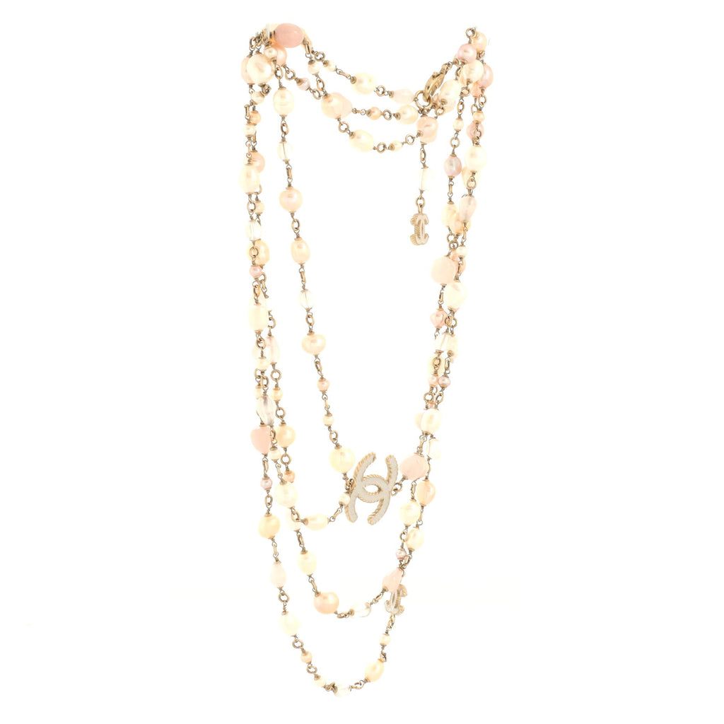 CC Long Double Strand Necklace Metal with Faux Pearls and Beads