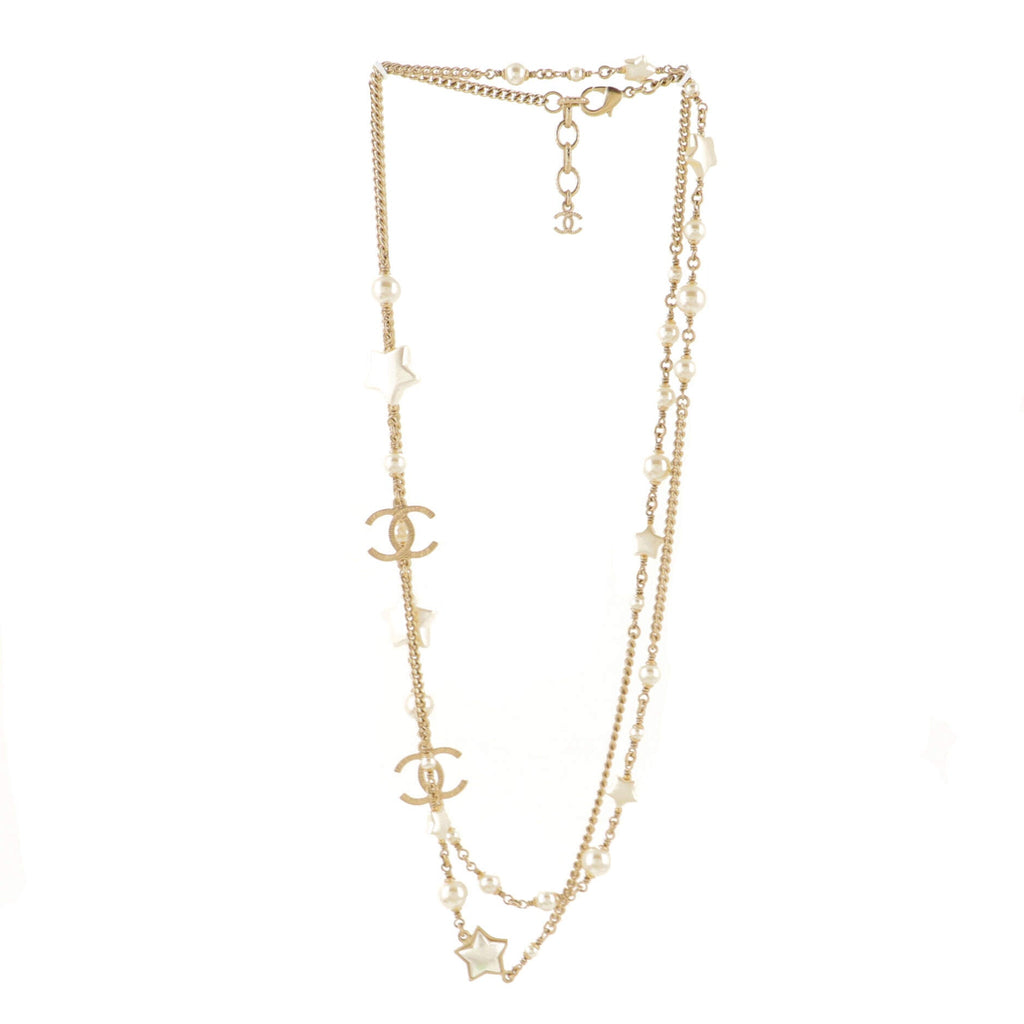 Star Long Necklace Metal with Faux Pearls