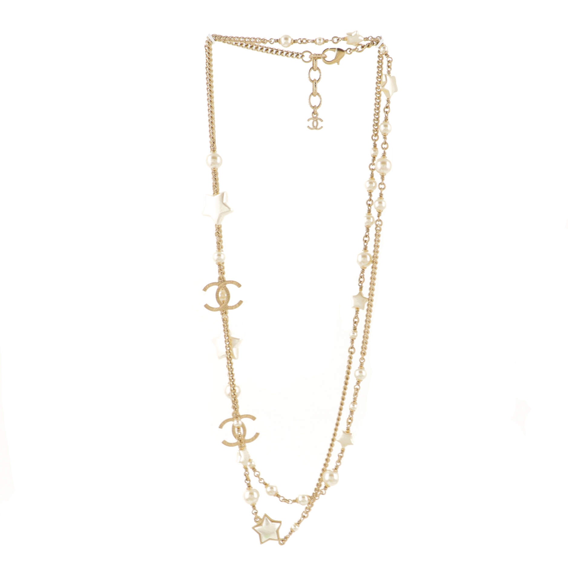 Star Long Necklace Metal with Faux Pearls