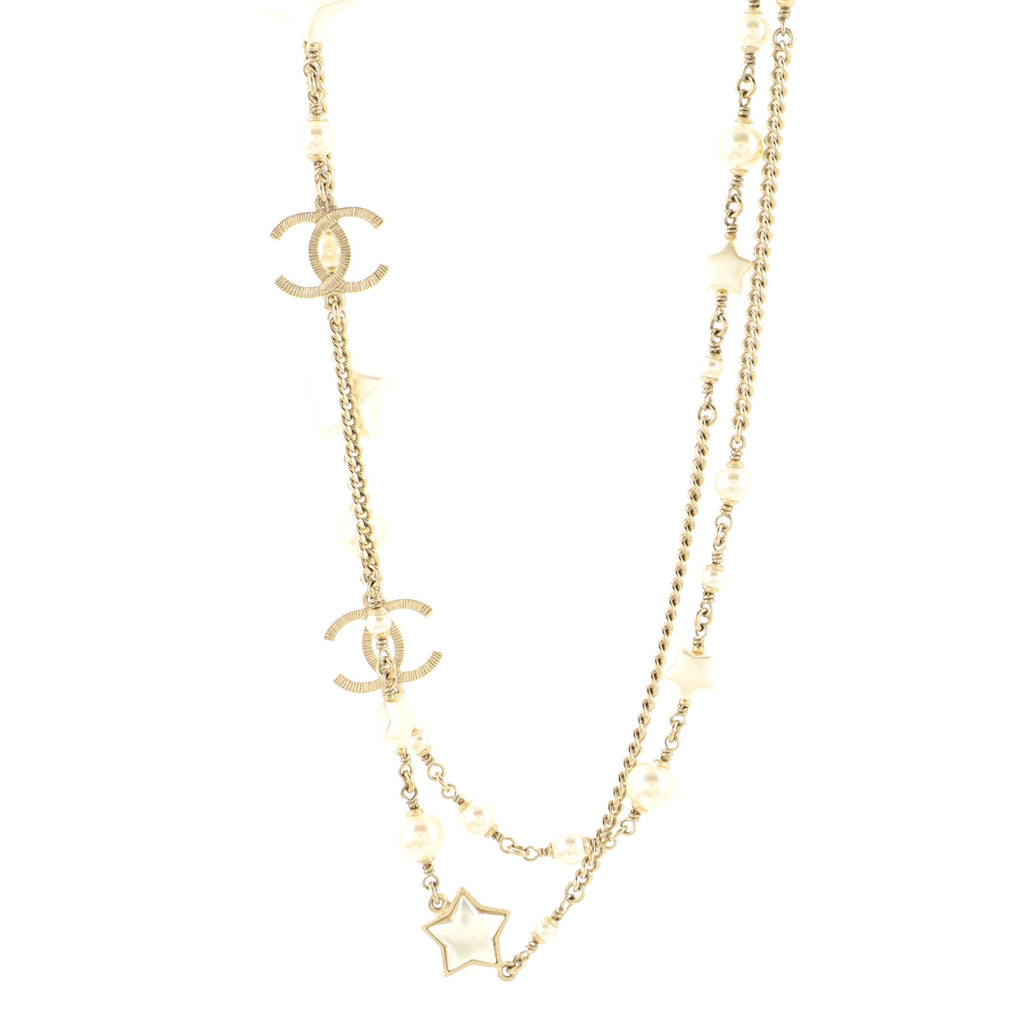 Star Long Necklace Metal with Faux Pearls