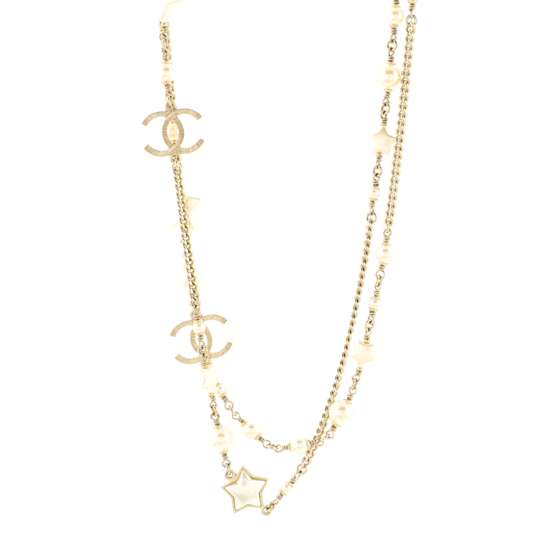 Star Long Necklace Metal with Faux Pearls