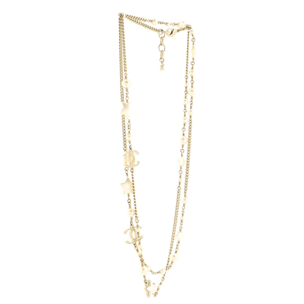Star Long Necklace Metal with Faux Pearls