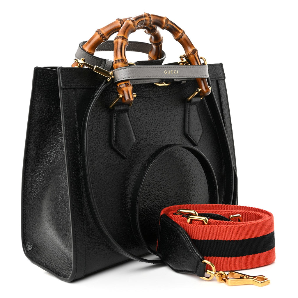 Textured Dollar Calfskin Web Small Diana Tote Bag Black Dusty Grey