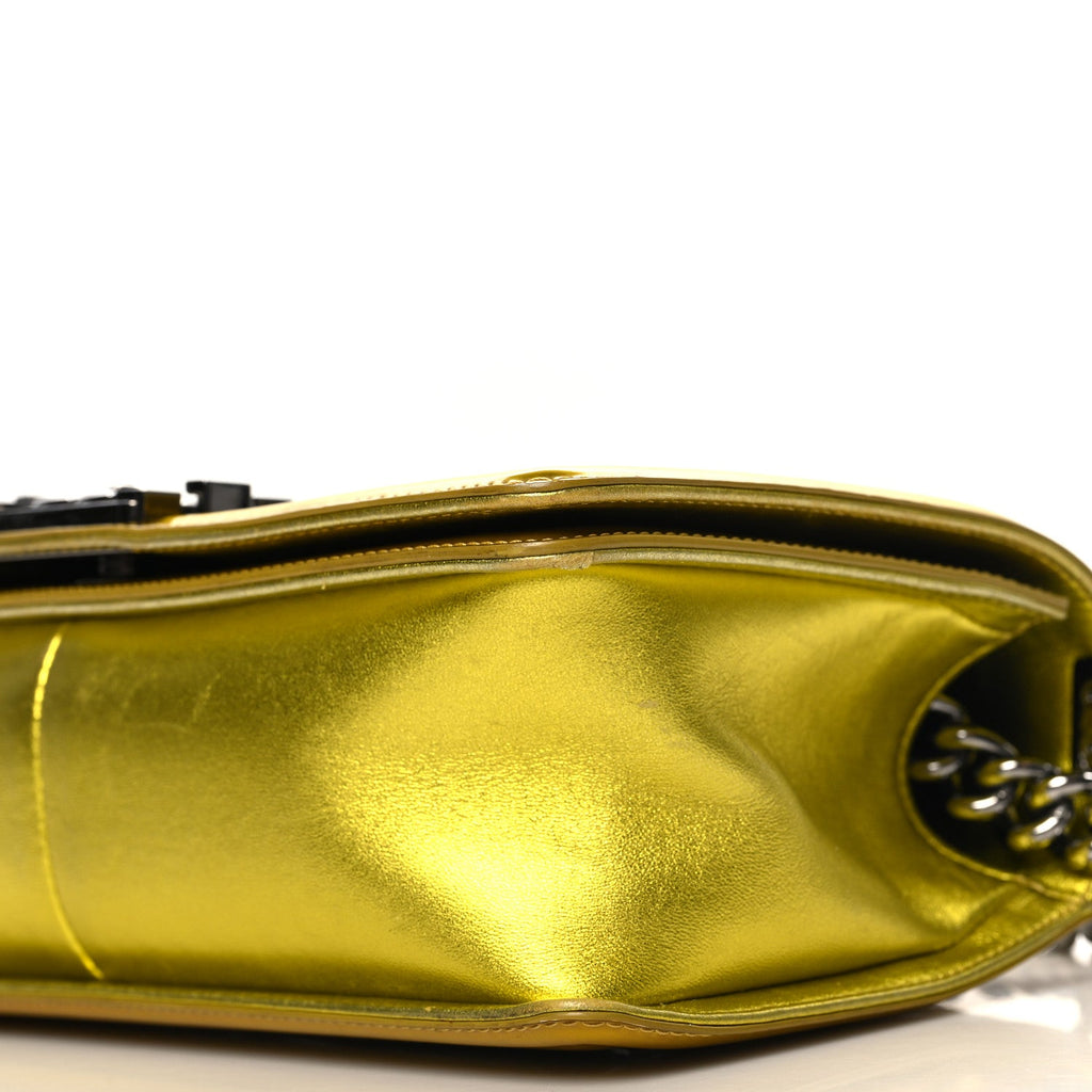 Metallic Patent Calfskin Quilted Medium Boy Flap Gold