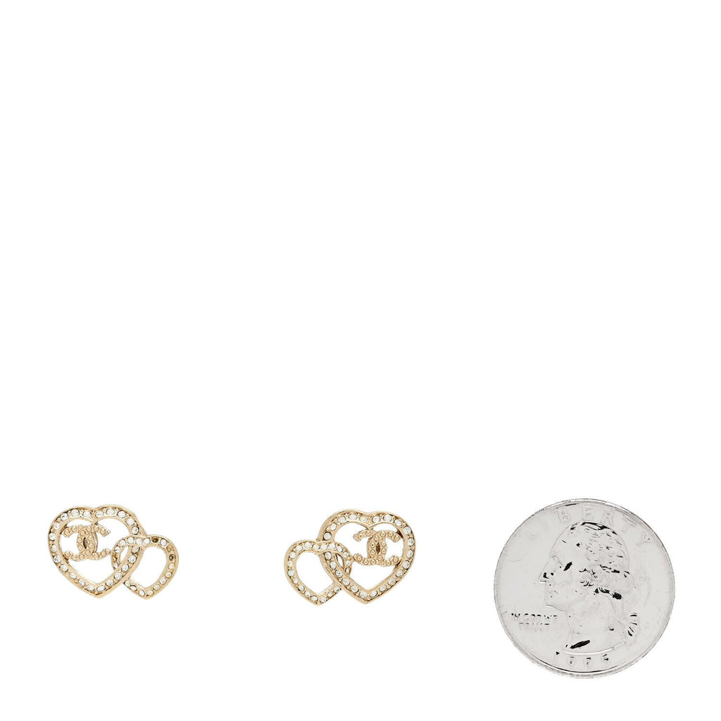 Crystal Metal CC Double Heart Earrings Gold