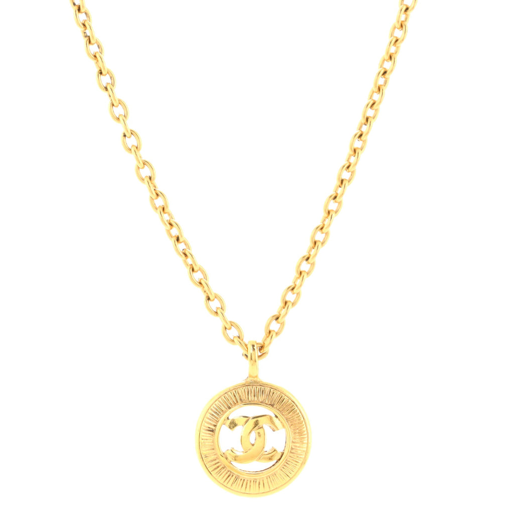 Vintage CC Round Pendant Long Necklace Metal