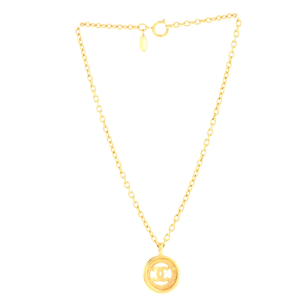 Vintage CC Round Pendant Long Necklace Metal