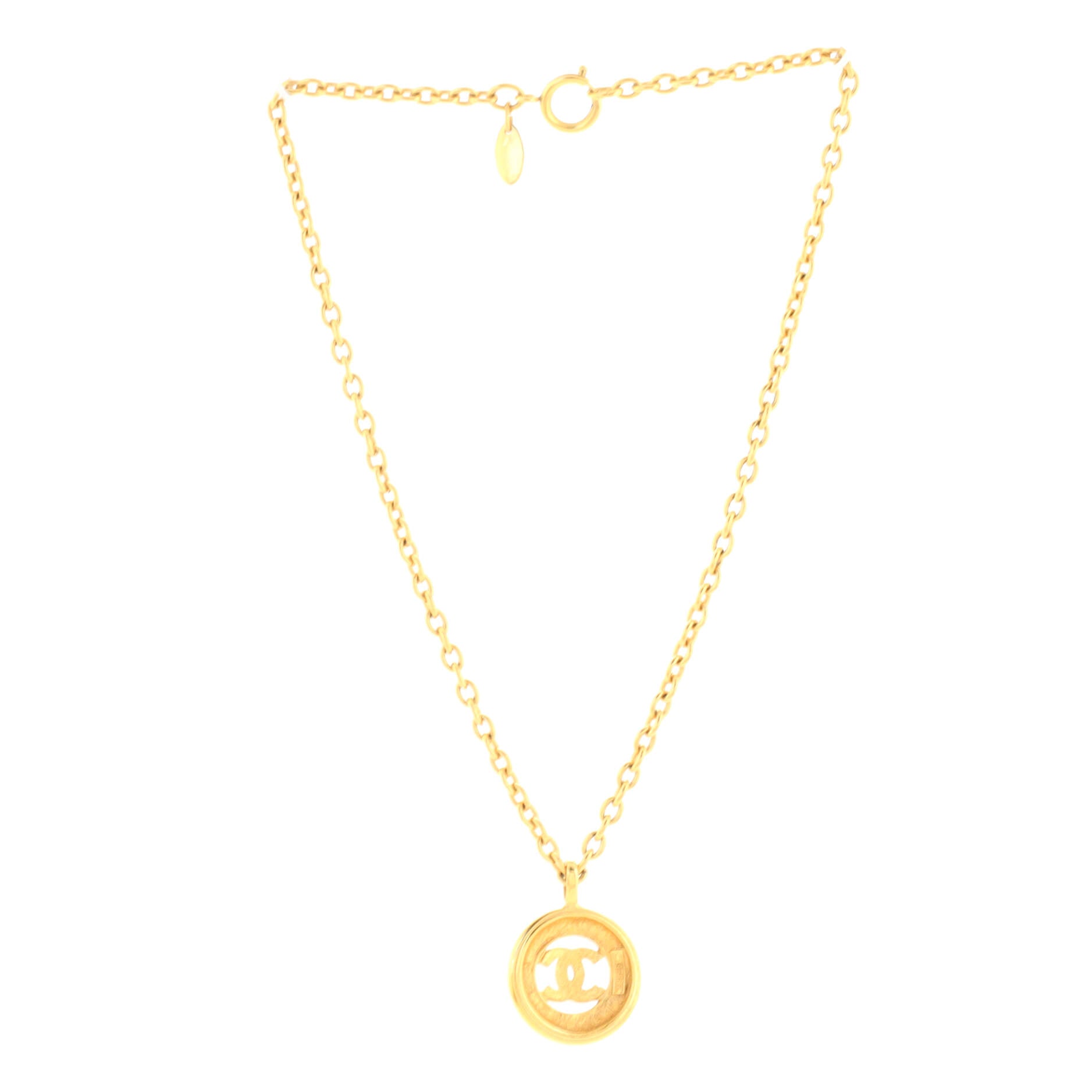 Vintage CC Round Pendant Long Necklace Metal