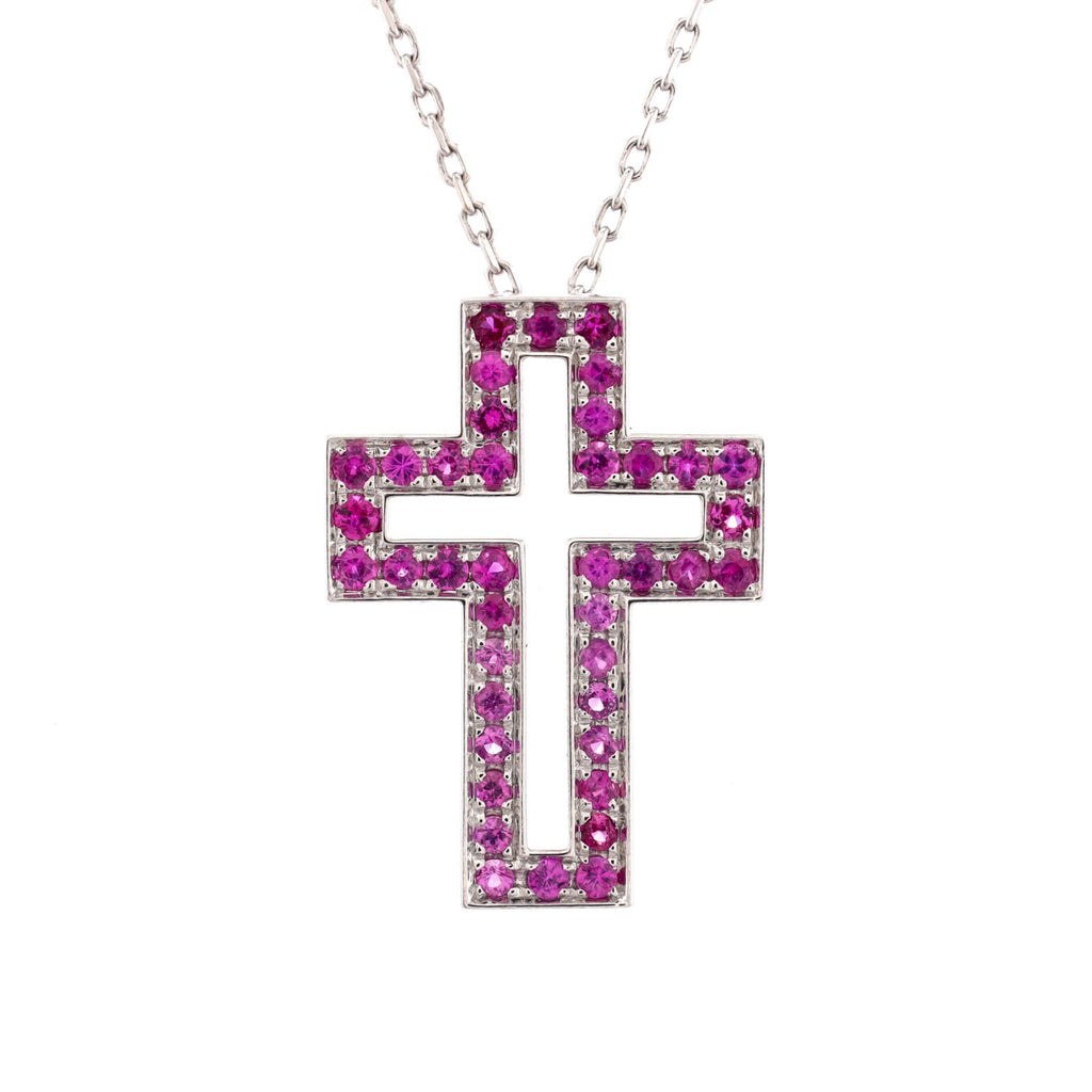 Cross Pendant Necklace 18K White Gold with Pink Sapphires