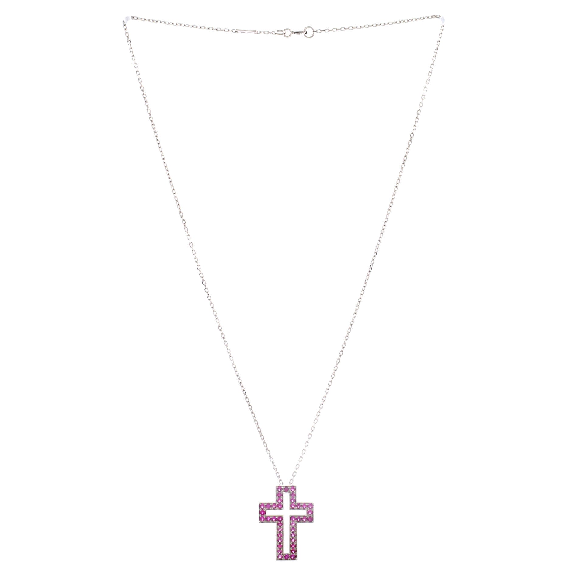 Cross Pendant Necklace 18K White Gold with Pink Sapphires