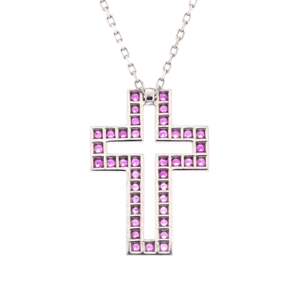 Cross Pendant Necklace 18K White Gold with Pink Sapphires