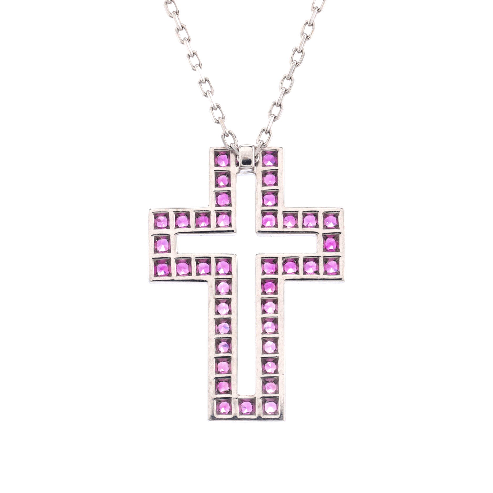 Cross Pendant Necklace 18K White Gold with Pink Sapphires