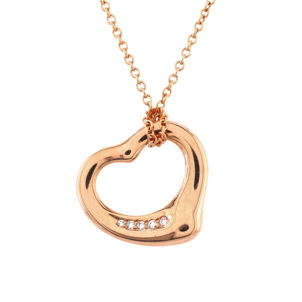 Elsa Peretti Open Heart 5 Diamonds Pendant Necklace 18K Rose Gold with Diamonds