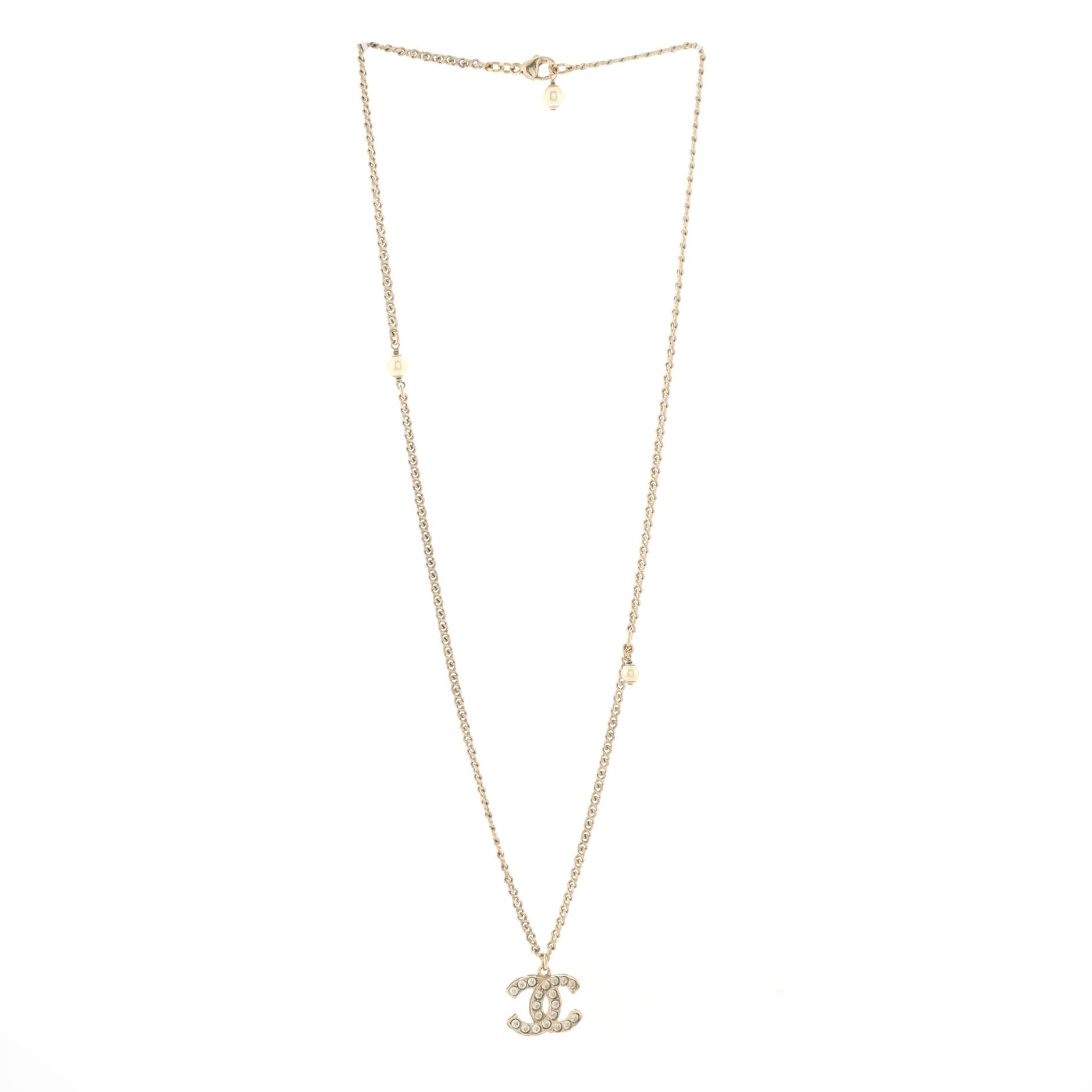 CC Pendant Necklace Metal with Crystals and Faux Pearls