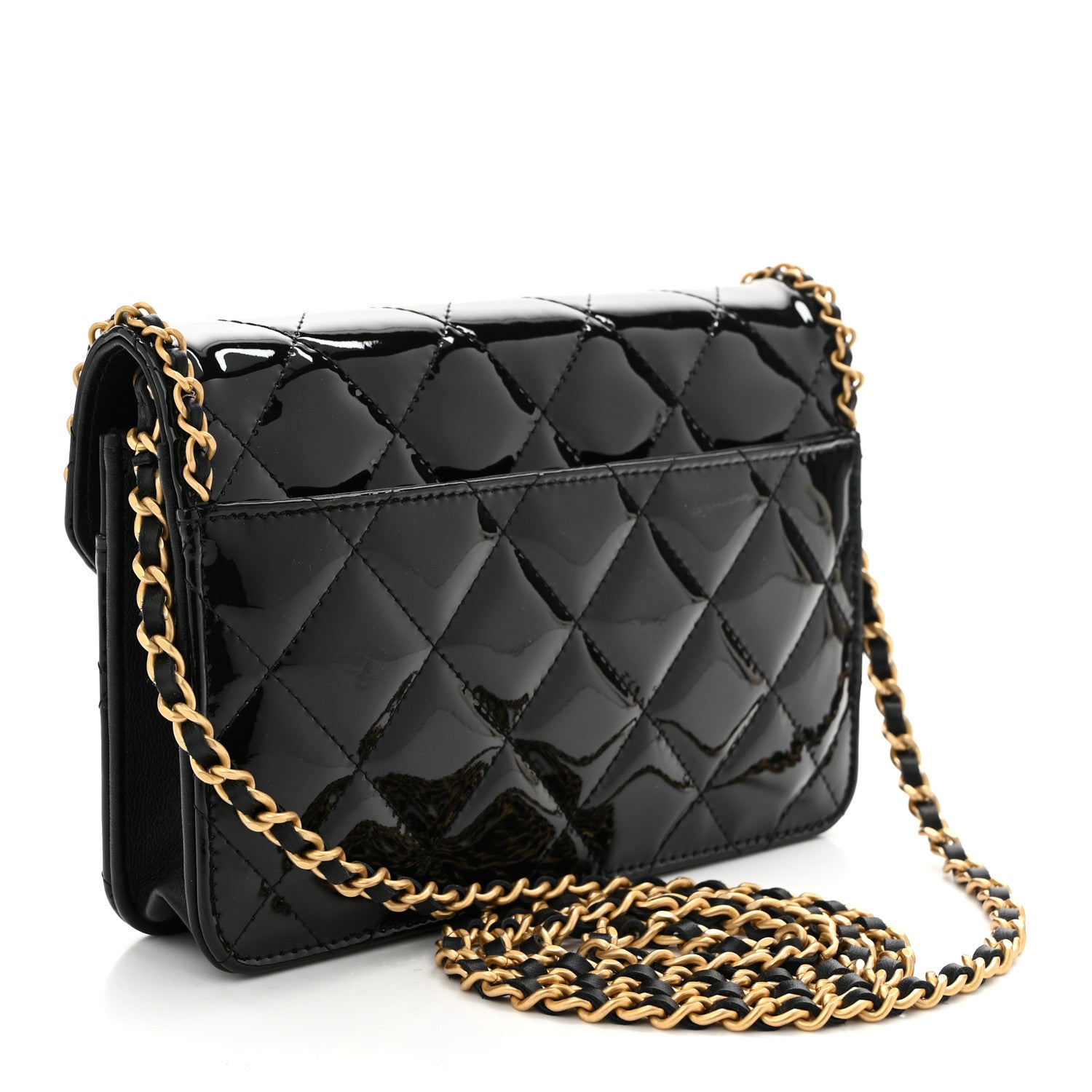 Patent Quilted Chain Around Heart Wallet On Chain WOC Black