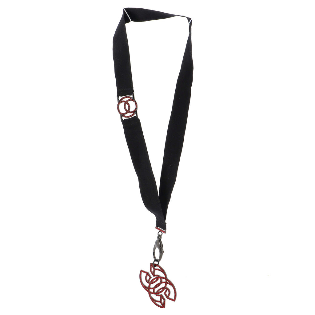 CC Lanyard Necklace Grosgrain with Crystal Embellished Metal