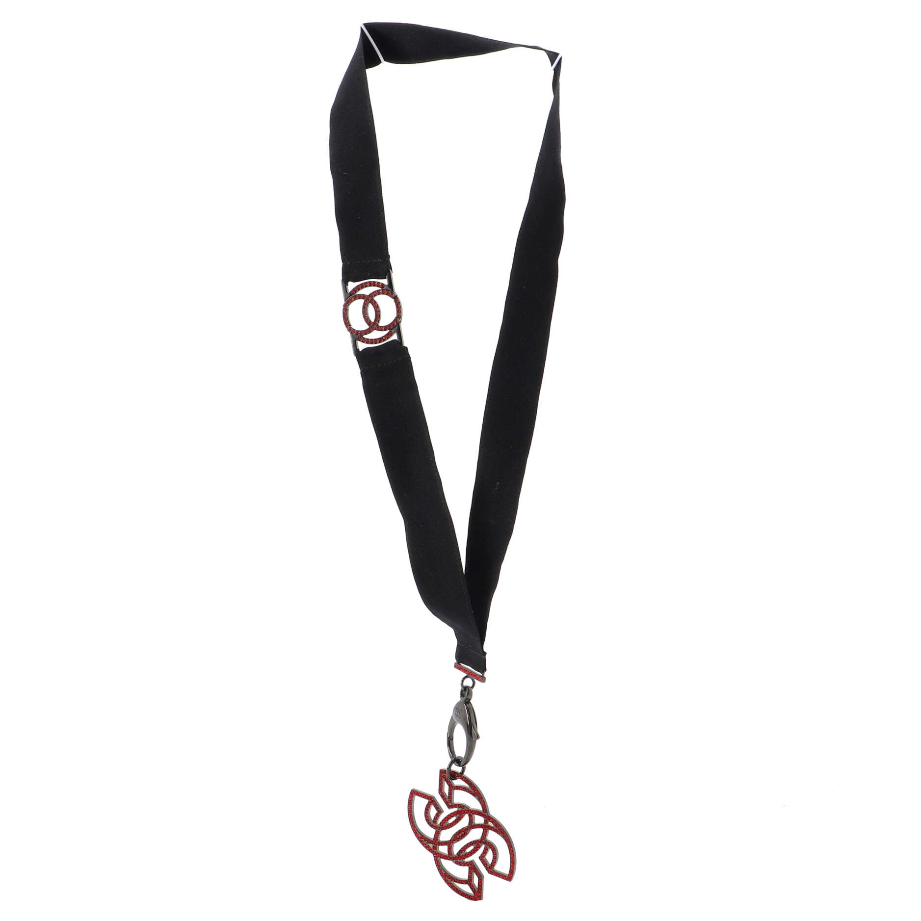 CC Lanyard Necklace Grosgrain with Crystal Embellished Metal