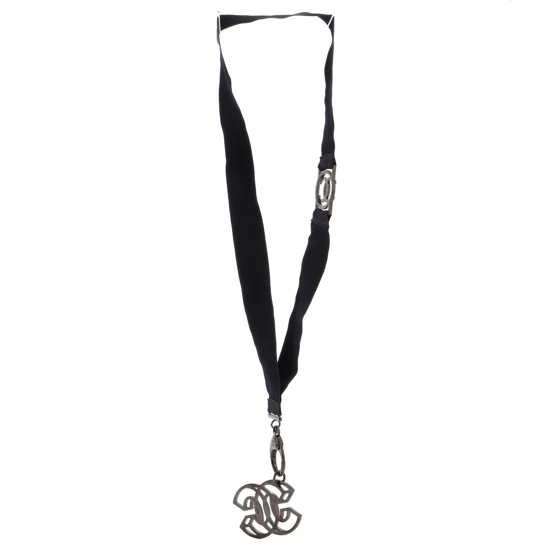 CC Lanyard Necklace Grosgrain with Crystal Embellished Metal