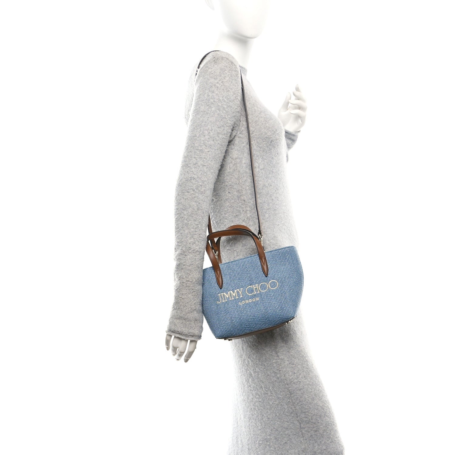 Raffia Canvas Logo Embroidered Mini Tote Smoky Blue Tan