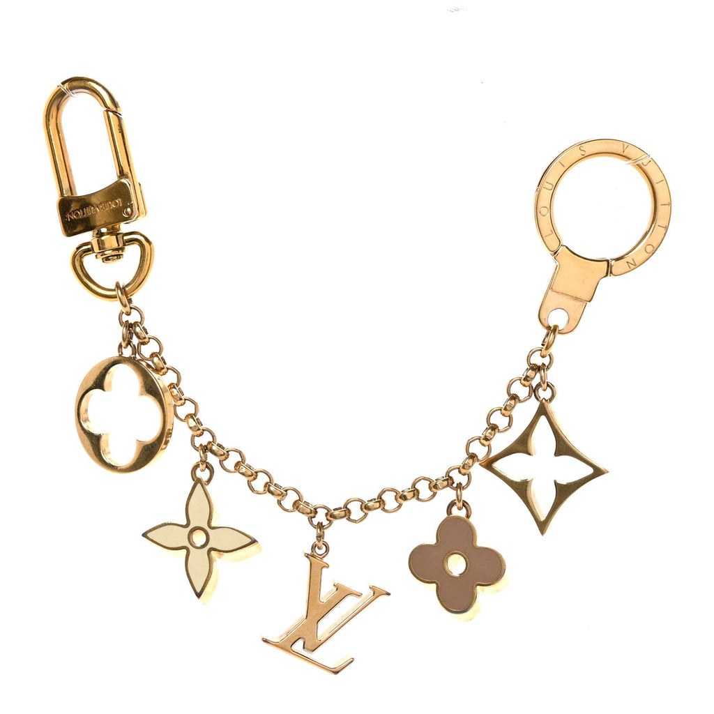 Brass Enamel Fleur De Monogram Bag Charm Chain Gold