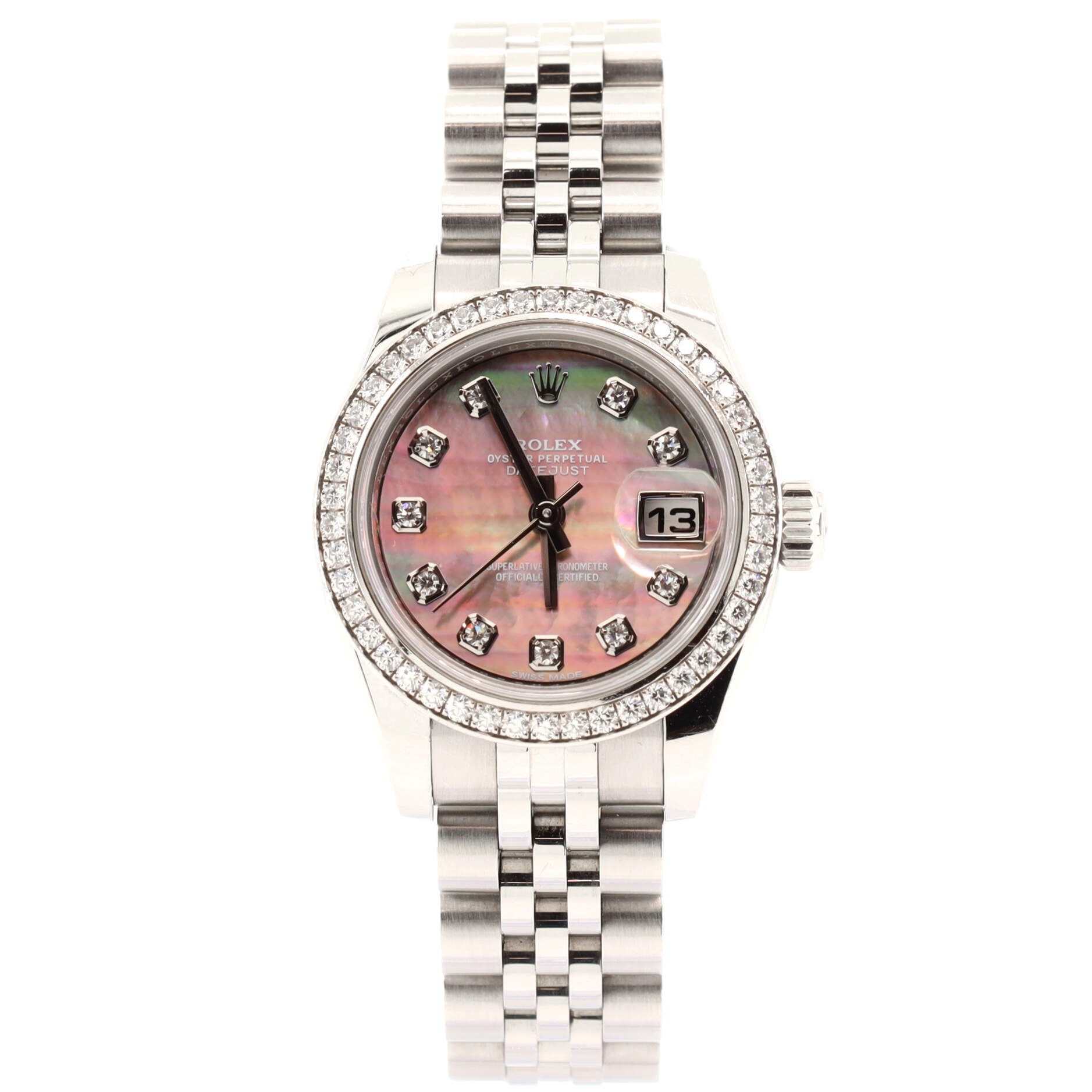Oyster Perpetual Datejust Automatic Watch Stainless Steel and White Gold with Diamond Bezel and Markers and Mother of Pearl 26